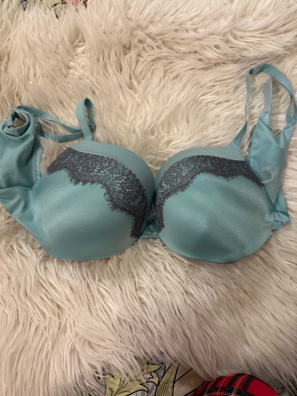 Victoria's Secret Seafoam Satin Push-Up Bra with Charcoal Lace